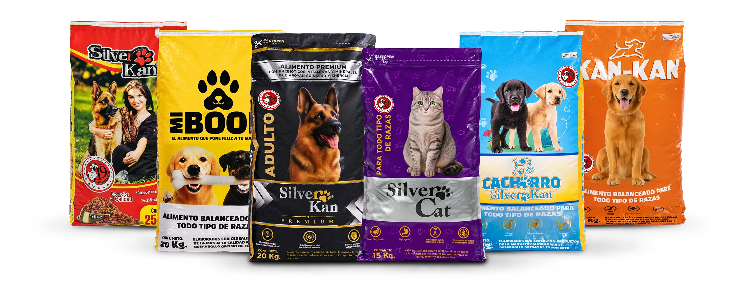 Familia de costales Pet Food: Silver Kan, Mi Boob, Premium, Silver Cat, Cachorro y Kan Kan