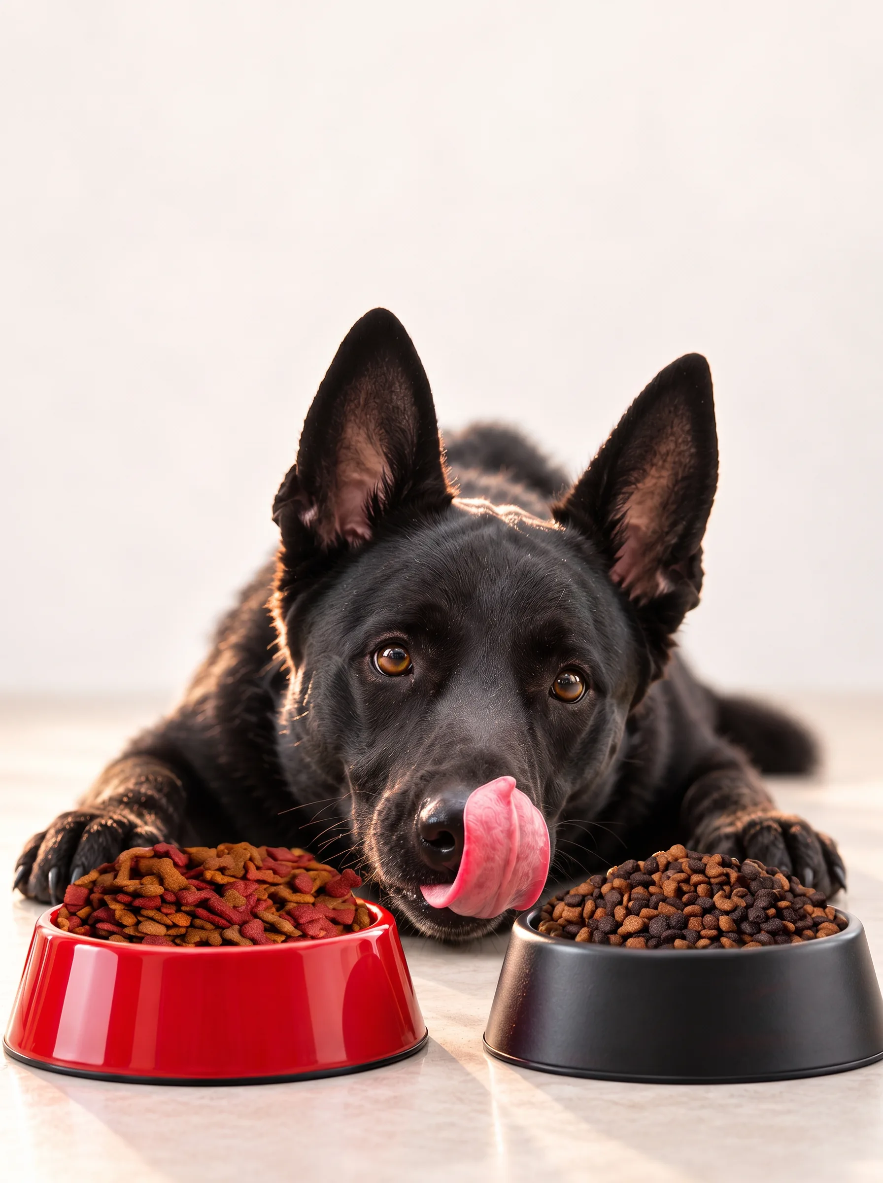 Perro negro frente a dos platos de croquetas